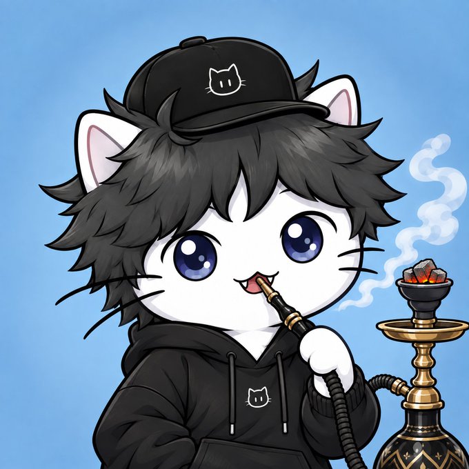 An anime-style cartoon of a cute cat-like character with black hair, large blue eyes, and cat ears, wearing a black cap and hoodie while smoking from an ornate hookah.