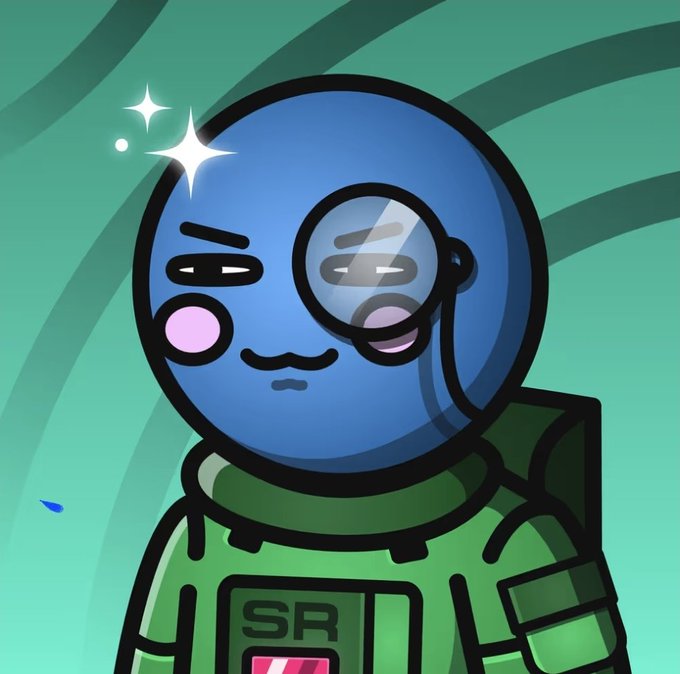 A cartoon illustration of a blue-skinned character with a monocle, rosy cheeks, and a smug expression, wearing a green space suit with 'SR' on it, set against a green background with sparkles.