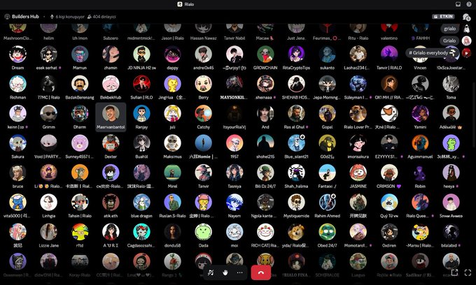 Screenshot of a Builders Hub Discord voice channel showing numerous user avatars arranged in a grid.