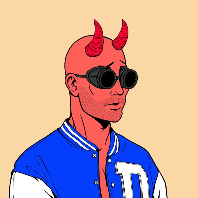 An illustration of a red-skinned character with horns wearing dark sunglasses and a blue and white varsity jacket with the letter 'D'.