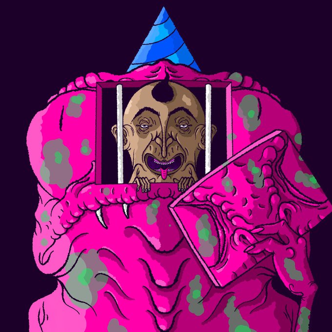 A surreal dark illustration of a grotesque bald face with a protruding tongue inside a cage, set atop a pink fleshy mass with green spots and a blue party hat.