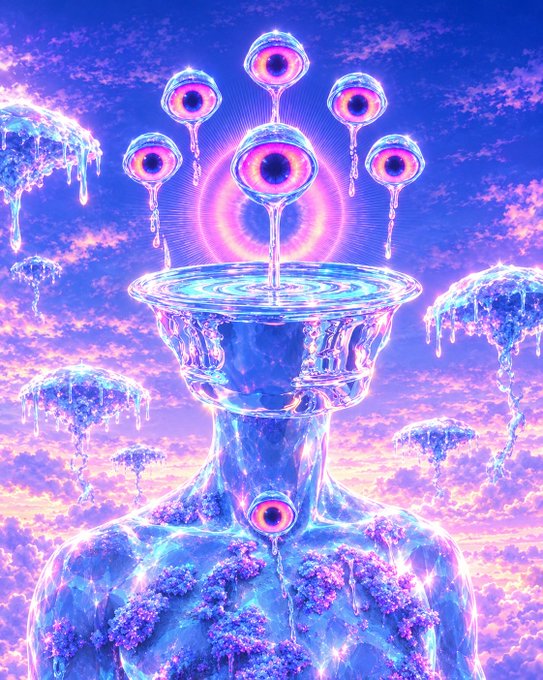 A surreal digital artwork featuring a headless humanoid figure made of crystalline blue material with multiple floating eyeballs dripping liquid, set against a vibrant purple sky.