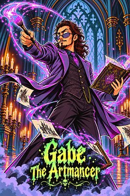 This vibrant digital artwork showcases "Gabe The Artmancer," featuring a stylish purple-clad magician with glasses casting spells with a wand while holding a glowing book, with the title "Gabe The Artmancer" displayed prominently in green gothic lettering at the bottom. The illustration captures the mystical NFT collectible mentioned in the post, depicting the character surrounded by magical energy, gothic cathedral architecture, and floating playing cards.