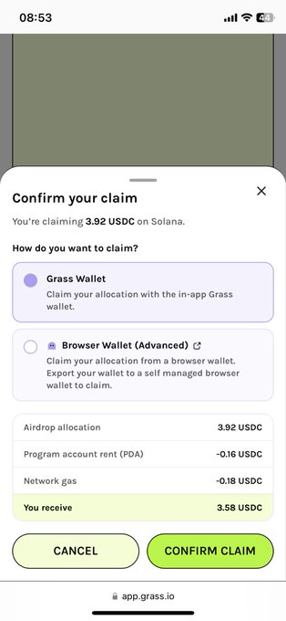 The image shows a "Confirm your claim" screen from the Grass airdrop (app.grass.io), where a user is claiming 3.92 USDC on Solana but will only receive 3.58 USDC after deductions for program account rent (-0.16 USDC) and network gas (-0.18 USDC). This visually supports the post's complaint about receiving only $3.9 from the airdrop and losing a significant portion to fees, leading to the conclusion that the reward is worthless.