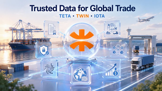 A promotional banner reading 'Trusted Data for Global Trade' featuring TETA, TWIN, and IOTA, with a central IOTA logo surrounded by trade-related icons over a port/logistics background.