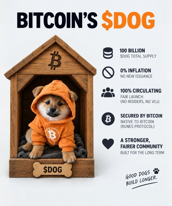 A promotional graphic for 'BITCOIN'S $DOG' featuring a Shiba Inu puppy in an orange Bitcoin hoodie inside a wooden doghouse, advertising 100 billion total supply, 0% inflation, 100% circulating, secured by Bitcoin via Runes Protocol, with the tagline 'GOOD DOGS BUILD LONGER.'