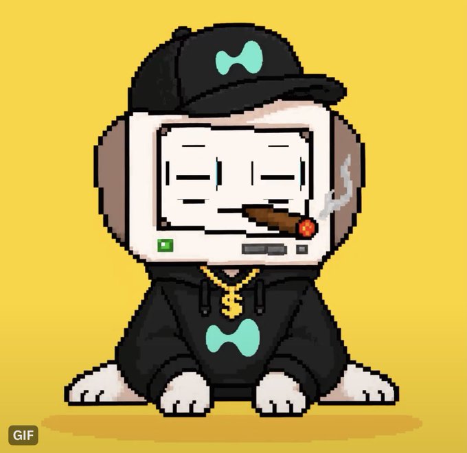 A pixel-art animation of a dog character with a TV for a head smoking a cigar, wearing a black hoodie and a cap, set against a yellow background.