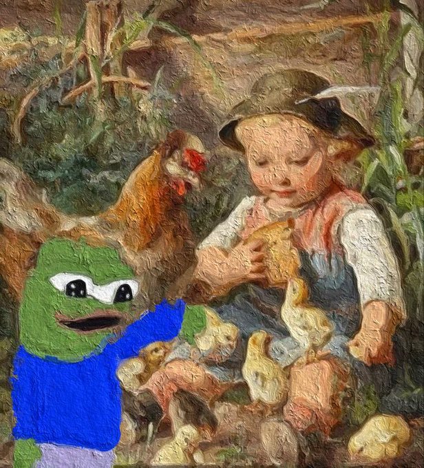 A textured oil painting of a child in a hat feeding chickens and a rooster, with a crudely drawn green frog-like character in a blue shirt superimposed in the foreground.