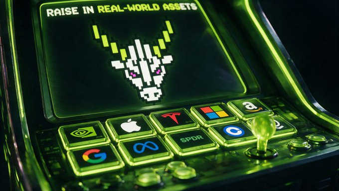 A glowing green arcade machine displays "RAISE IN REAL-WORLD ASSETS" above a pixelated bull mascot, with buttons labeled with logos for NVDA, AAPL, TSLA, Microsoft, Amazon, Meta, Google, and SPDR—visually reinforcing the post's message about diversifying into tokenized RWA stocks like $NVDA, $AAPL, and $TSLA on the Robinhood chain.