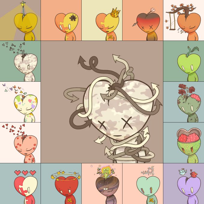 An illustration shows a grid of cartoon heart-shaped characters with different designs, with a central larger image of a gray heart wrapped in arrows.