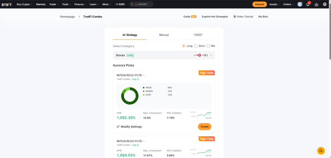 Bybit's TradFi Combo Bot interface displaying AI Strategy mode with long/short positions on NVIDIA and AVGO, featuring AI allocation breakdowns (AIGO 80%, AVGO 10%, PLTR 10%) showing AUD return of 1,092.39% with 7.18% ROI volatility. The interface supports the post's claim about managing multiple TradFi assets long and short in one bot with auto-rebalancing and AI strategy suggestions.