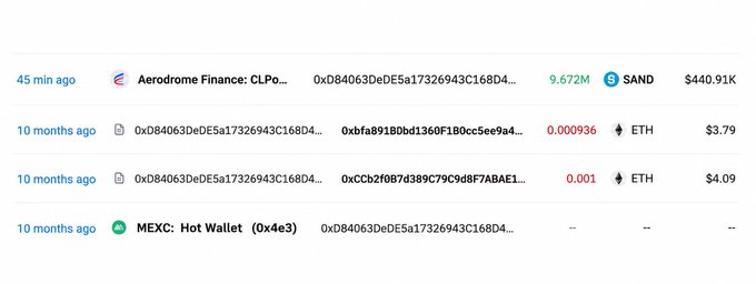 A blockchain transaction history showing recent transfers to and from address 0xD84063DeE5a17326943C168D4..., including activity from Aerodrome Finance and MEXC Hot Wallet.