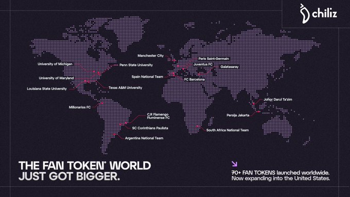 A stylized world map highlights the global expansion of Chiliz Fan Tokens, with the caption "THE FAN TOKEN WORLD JUST GOT BIGGER." announcing the launch of 70+ fan tokens into the United States, featuring new U.S. founding partners like LSU, Maryland, Michigan State, Penn State, and Texas A&M alongside established global clubs including $PSG (Paris Saint-Germain), $JUV (Juventus FC), $BAR (FC Barcelona), $CITY (Manchester City), and others like AC Milan, Galatasaray, and the Argentina National Team.