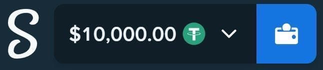 A screenshot of a Stripe payment interface showing a transaction amount of $10,000.00 in USDT cryptocurrency being sent to a wallet address.