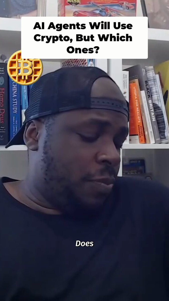 The image features an AI agent wearing a baseball cap with the caption "AI will use crypto, but which ones?" The AI agent is positioned behind a bookshelf filled with various books, suggesting that they are in a library or a similar setting. The caption on the image seems to be related to the world of cryptocurrencies and artificial intelligence, possibly discussing how AI agents can utilize different types of cryptocurrency for specific tasks.