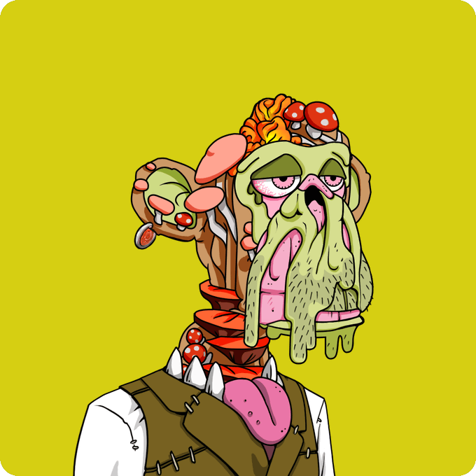A mutant zombie figure with a green melting face and brain exposed wears a stitched-up brown vest with spikes and a spiked pink tongue, set against a yellow background.