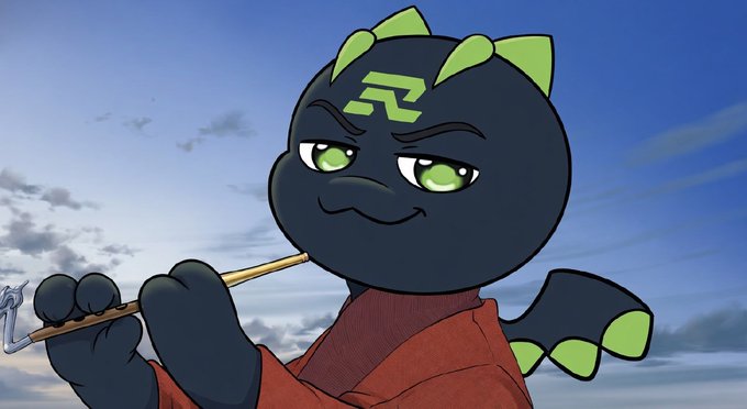 A digital illustration of an anthropomorphic black dragon-like character with green accents and markings, wearing a red robe and holding a hooked staff.