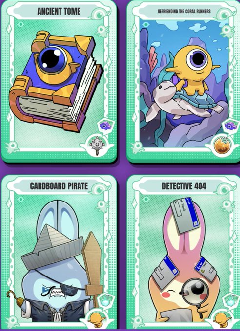 Four trading cards from a game labeled 'ANCIENT TOME', 'DEFENDING THE CORAL RUNNERS', 'CARDBOARD PIRATE', and 'DETECTIVE 404' featuring a one-eyed creature character.