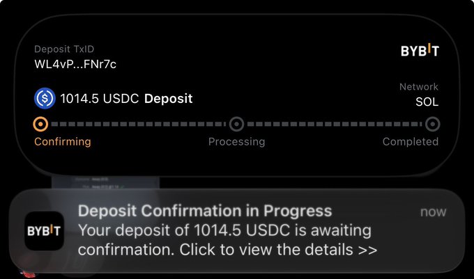 A screenshot of a Bybit deposit confirmation showing 1014.5 USDC being deposited on the SOL network, currently in the "Confirming" stage. The accompanying "gm to those who gm" post contrasts the casual crypto greeting with the anxious wait for a deposit to clear on-chain.