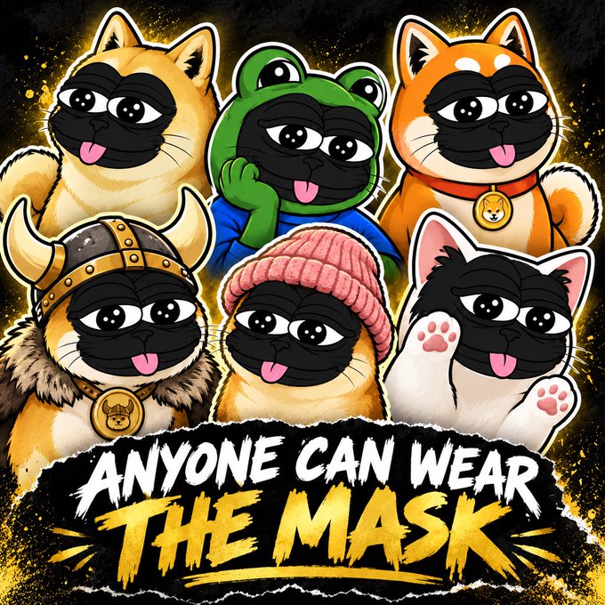 An illustration of six cartoon Shiba Inu dogs wearing different costumes with the text 'ANYONE CAN WEAR THE MASK'.