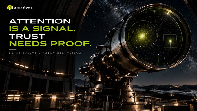 A promotional banner for 'amadeus' displays a telescope against a starry night sky with the text 'ATTENTION IS A SIGNAL. TRUST NEEDS PROOF. PRIME POINTS / AGENT REPUTATION'.