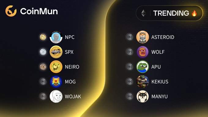 A CoinMun trending list displays the top 10 trending memecoins, with NPC at #1 and SPX at #2 on the left side, and ASTEROID and WOLF on the right.