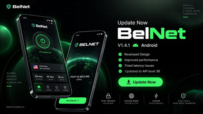 A promotional advertisement for 'BelNet VPN' showing two smartphones displaying the app interface, highlighting an update for 'V1.4.1 Android' with features like 'Revamped Design' and 'Improved performance'.