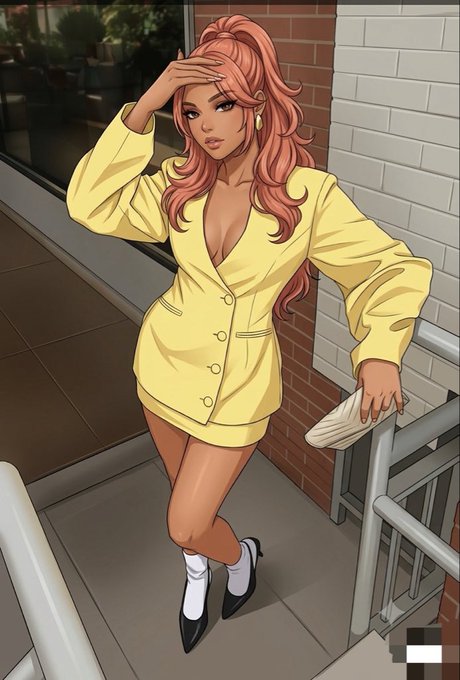 A digital illustration of a stylish woman with long pink hair wearing a yellow blazer dress, white socks, and black heels, standing in an urban alleyway setting.