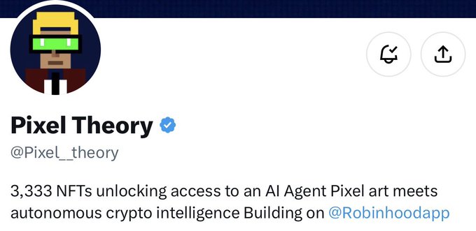 Twitter/X profile for **Pixel Theory (@Pixel_theory)** showing a pixel-art character avatar, with a blue verification badge and the bio: "3,333 NFTs unlocking access to an AI Agent. Pixel art meets autonomous crypto intelligence. Building on @Robinhoodapp" — matching the post's description of 3,333 NFTs on Robinhood combining pixel art with AI agent utility.