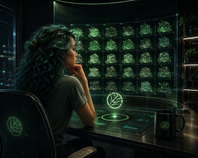 A woman with teal curly hair sits at a glowing futuristic desk displaying holographic green cube icons and a leaf emblem, with a matching mug beside her.