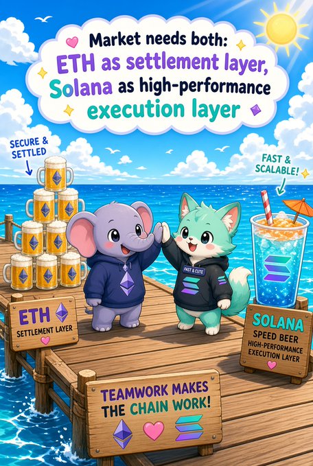 A cartoon illustration shows an elephant and fox mascot high-fiving on a dock, with text stating 'Market needs both: ETH as settlement layer, Solana as high-performance execution layer' and 'Teamwork makes the chain work!'