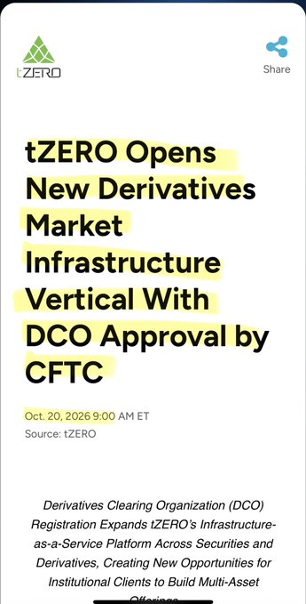 A tZERO news card reads “tZERO Opens New Derivatives Market Infrastructure Vertical With DCO Approval by CFTC,” dated Oct. 20, 2026, 9:00 AM ET, with a short description about expanding infrastructure-as-a-service across securities and derivatives.