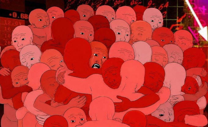 An illustration shows a crowded mass of distressed, red-toned people embracing and clutching one another, visually conveying panic and turmoil in financial markets. It illustrates the accompanying market losses: Gold -2.18%, Silver -4.83%, Bitcoin -3.33%, Ethereum -3.68%, S&P 500 -1.29%, and Nasdaq -2.44%.