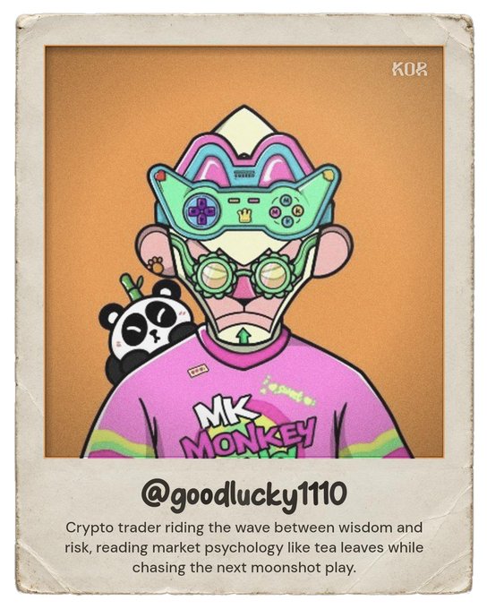 A stylized cartoon trading card labeled "KOR" features a character with a mint-green VR-style headset, pink sunglasses, and a small panda perched on his shoulder, wearing a pink "MK MONKEY" shirt against an orange background, with the handle "@goodlucky110" and the caption "Crypto trader riding the wave between wisdom and risk, reading market psychology like tea leaves while chasing the next moonshot play." The card visually represents the user's newly minted identity profile within the KOR Protocol ecosystem mentioned in the post.