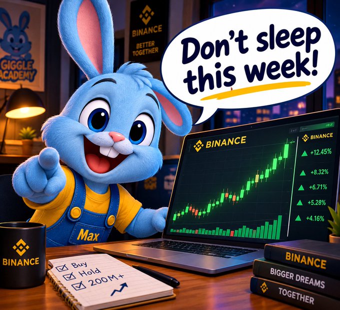 A promotional digital illustration shows a blue cartoon rabbit named 'Max' from 'Giggle Academy' next to a laptop displaying a green upward-trending Binance cryptocurrency chart, with a speech bubble saying 'Don't sleep this week!' and a checklist for 'Buy', 'Hold', and '200M+'.