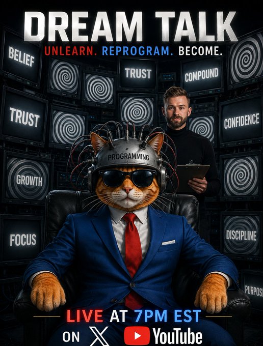 A promotional poster for 'DREAM TALK: UNLEARN. REPROGRAM. BECOME.' featuring a cat in a suit with a 'PROGRAMMING' headset, a man holding a clipboard behind it, surrounded by hypnotic TVs displaying words like 'TRUST', 'BELIEF', 'GROWTH', 'FOCUS', and 'DISCIPLINE'; broadcast info reads 'LIVE AT 7PM EST ON X YouTube'.