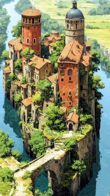 An artistic illustration of a medieval-style town with red-roofed towers and buildings situated on a rocky outcrop surrounded by water and connected by a stone bridge.