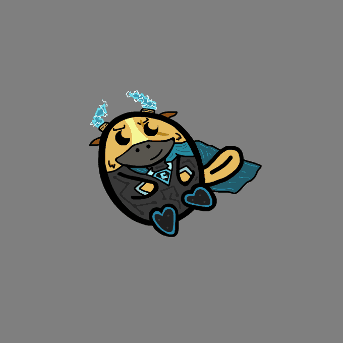 A cartoon illustration of a yellow and black caped superhero character with cow-like features, floating with small blue hearts on a gray background.