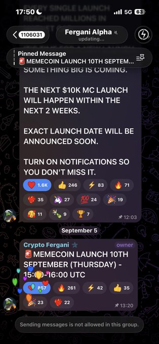 A mobile screenshot of a Telegram group chat for 'Fergani Alpha' advertising an upcoming $10K market cap memecoin launch on September 10th at 15:00-16:00 UTC.