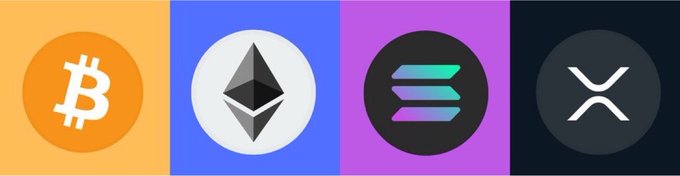 Four cryptocurrency logos displayed side by side: Bitcoin (orange), Ethereum (blue), Solana (purple), and XRP (black).