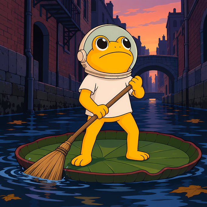 A determined frog in a space suit paddles a lily pad like a raft through a Venetian canal at sunset, sweeping debris aside with a broom. The image reinforces the post's message of perseverance and resourcefulness, embodying the $TURBO spirit of moving forward despite limited means.