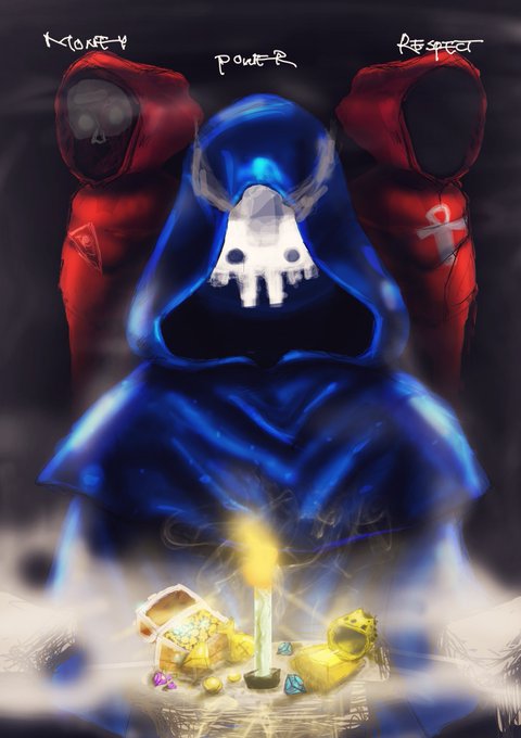 A digital drawing depicting a blue hooded figure with a skull face flanked by two red hooded figures labeled 'Money' and 'Respect', with a 'Power' figure, sitting above a glowing candle and treasure chest.