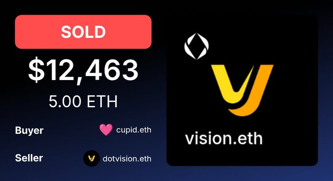 A digital transaction record showing an NFT sold for $12,463 (5.00 ETH), with buyer cupid.eth and seller dotvision.eth for the vision.eth domain.