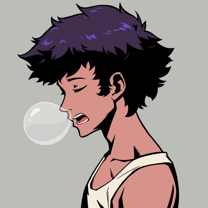 A digital illustration of a person with messy dark purple hair and tan skin blowing a bubble with gum against a plain gray background.