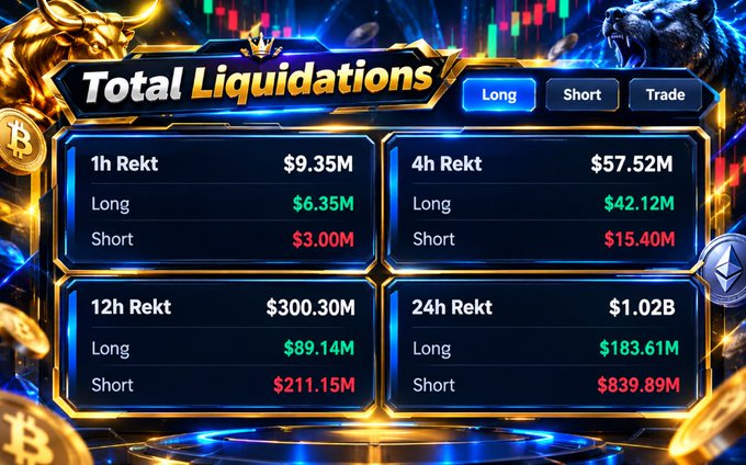 A digital dashboard displays crypto market liquidation data across multiple timeframes, showing $9.35M in 1h Rekt, $57.52M in 4h Rekt, $300.30M in 12h Rekt, and $1.02B in 24h Rekt, with long positions liquidated at $183.61M and shorts at $839.89M in the past day. The image visually reinforces the post's claim of "$1 billion liquidated in the past 24 hours," while highlighting the heavy skew toward short liquidations and the dramatic escalation of losses over longer time periods.