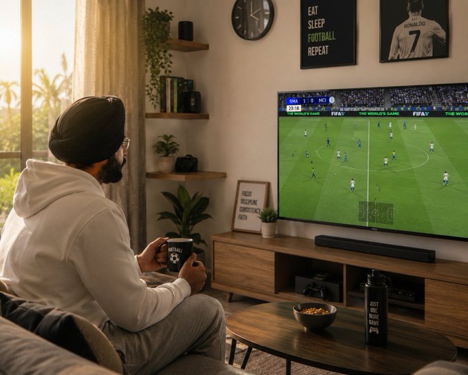 A man in a white hoodie and turban sits on a couch, holding a "FOOTBALL" mug while watching a Real Madrid vs. Manchester City soccer match (RMK 1-0 MCI, 23:08) on a large TV, surrounded by football-themed decor including a "EAT SLEEP FOOTBALL REPEAT" sign and a Ronaldo #7 poster.

The image contrasts the casual leisure of a relaxing football morning with the post's enthusiastic call to engage with the @quipnetwork community, suggesting a daily ritual of both entertainment consumption and dedicated following of a quantum computing project.