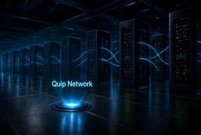 A dark server room with rows of illuminated black server racks and flowing blue energy waves, with the text 'Quip Network' projected onto a glowing circular pedestal on the floor.