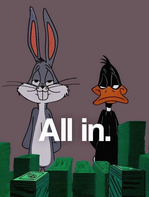 An illustration of Bugs Bunny and Daffy Duck standing behind stacks of green money with the phrase "All in." displayed in white text.