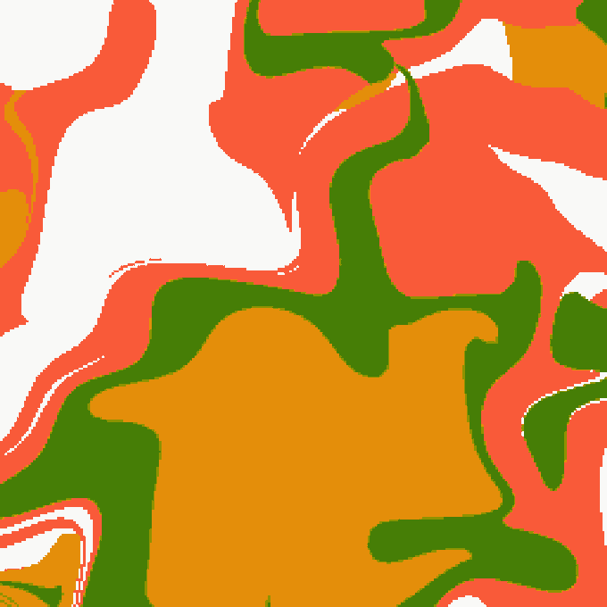 An abstract digital artwork featuring flowing organic shapes in orange, coral, green, and white colors.