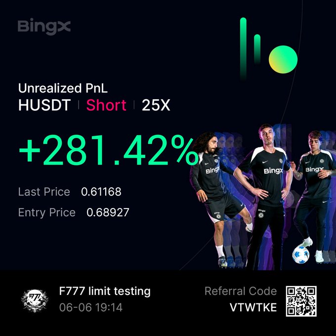 The image is a poster for an event taking place as of 06-04-19 14. It shows three soccer players wearing black uniforms and two blue ones, with one player holding a soccer ball. The text below indicates that the current trade at $H Short is taking a loss. This information may be relevant to the context surrounding this image, but it does not provide direct details about the actual content of the poster or event.